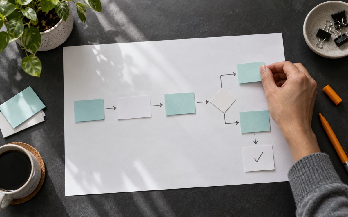 Illustrative workflow planning with paper task cards and connecting arrows